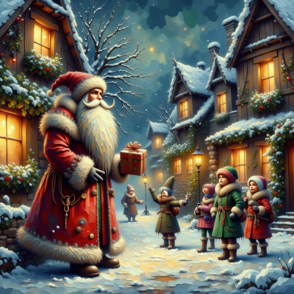 Nikolaus and Krampus Distribute Gifts in Snowy Village