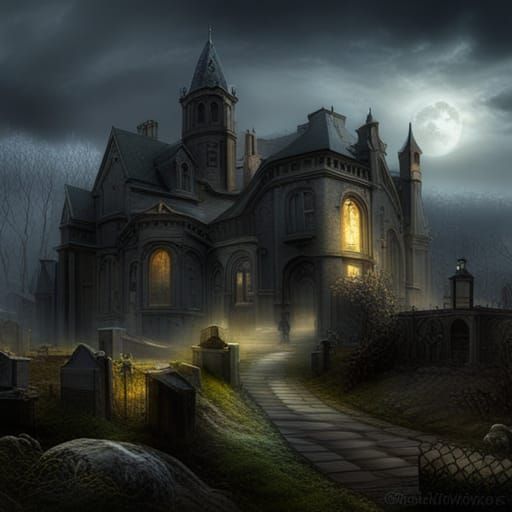 Ethereal Haunted House with Graveyard in Digital Painting