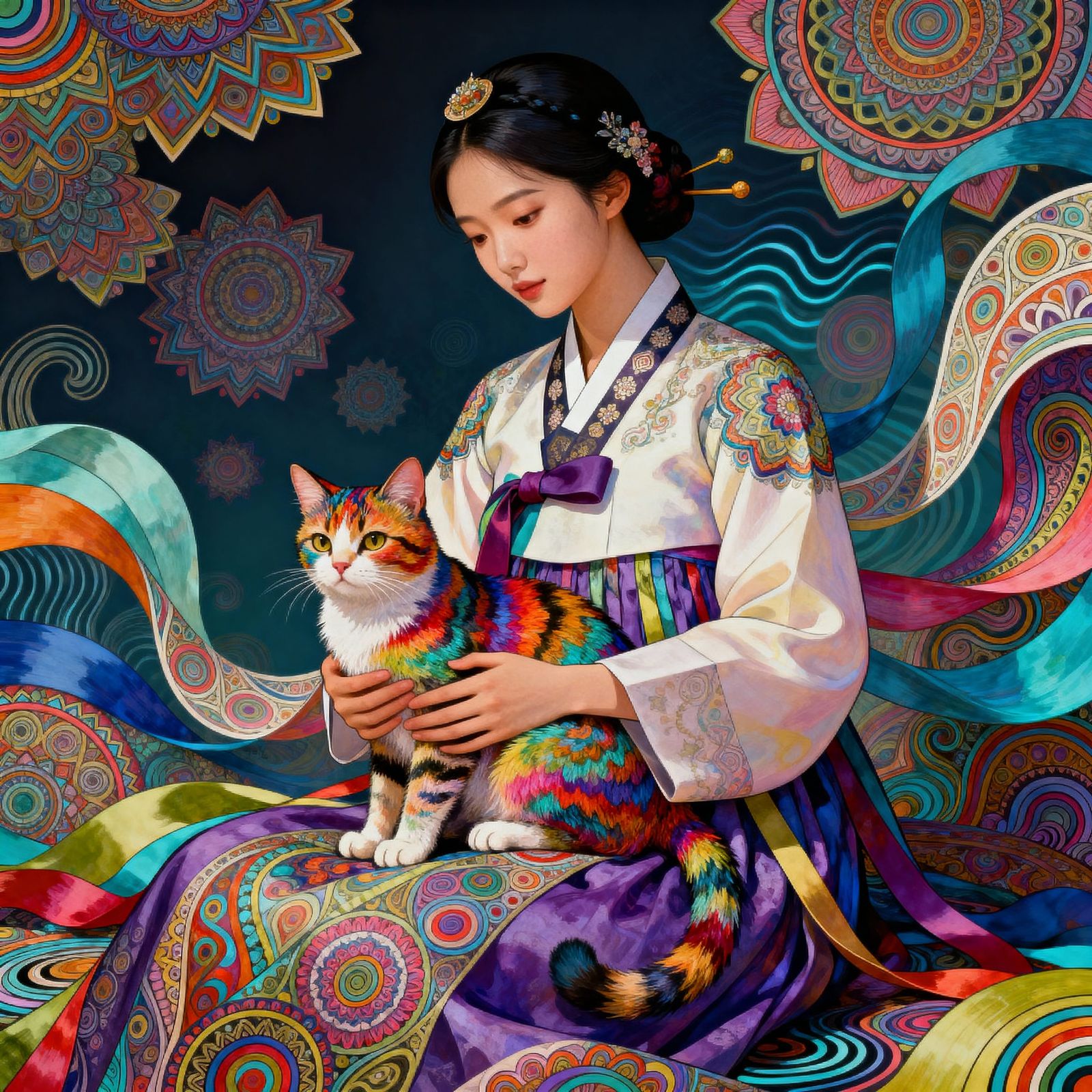 Psychedelic Woman in Hanbok with Colorful Cat