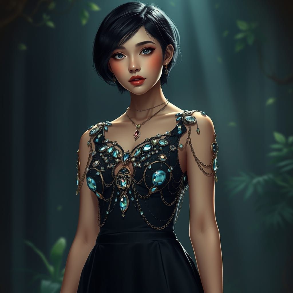 Elegant Woman in Bejeweled Top, Art Nouveau Style