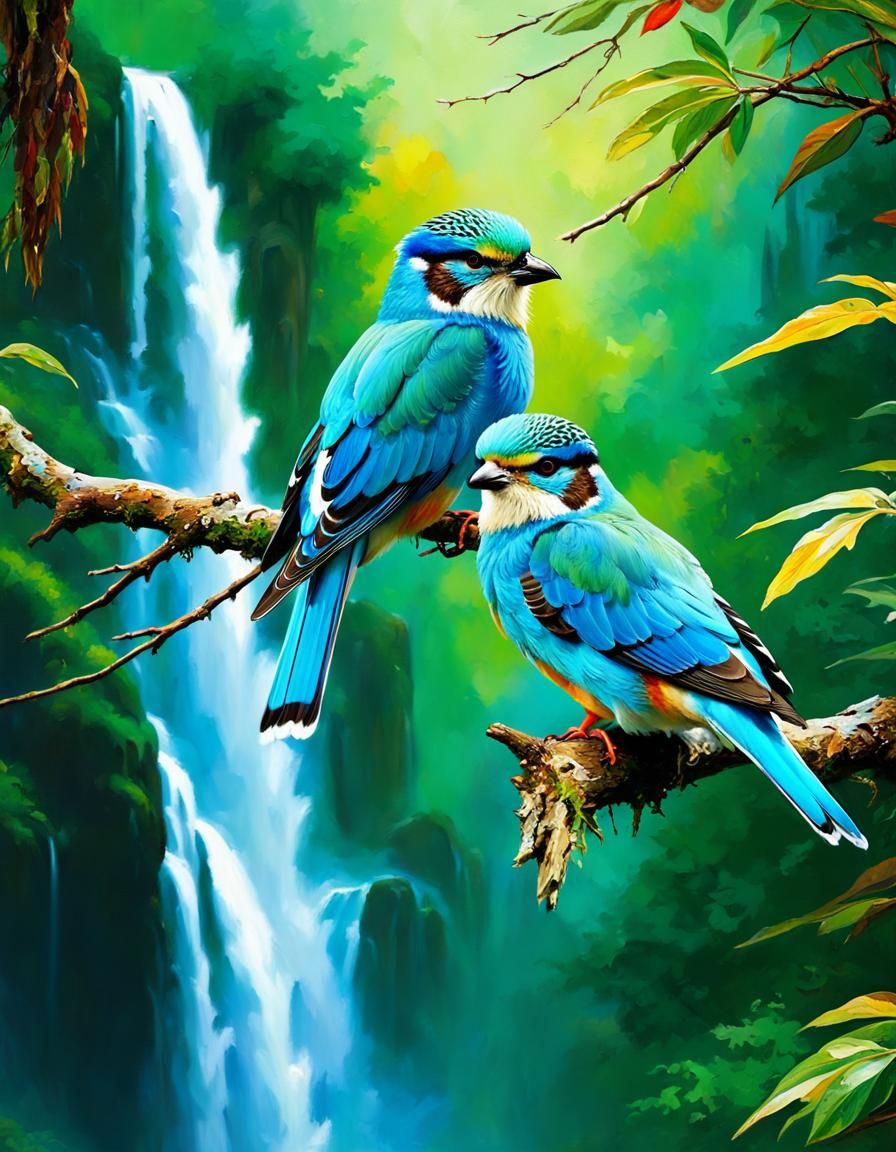 Birds near waterfall