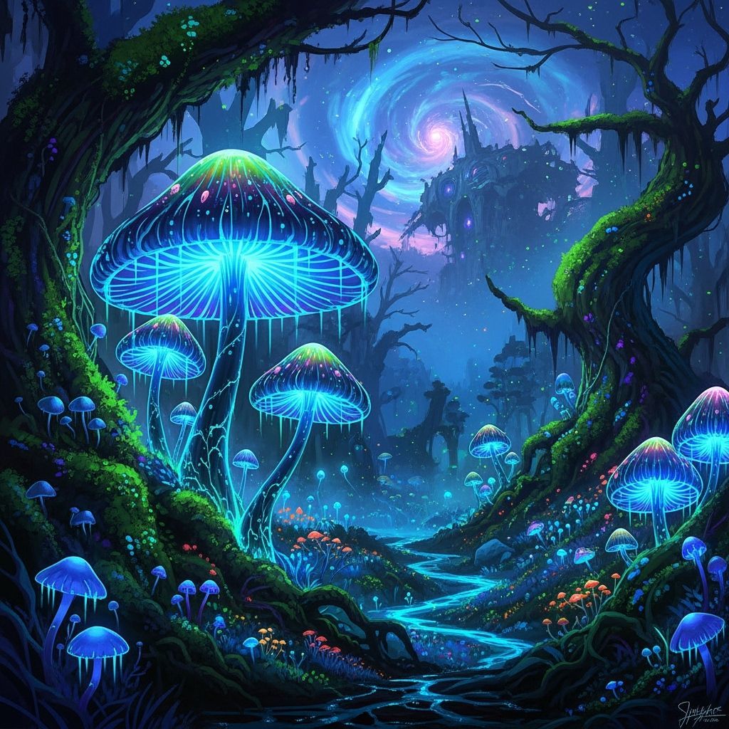 Surreal Bioluminescent Mushroom Forest at Twilight