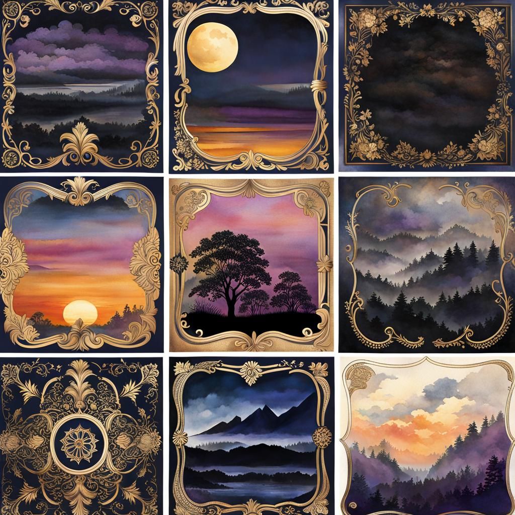 Vintage Sunset Ephemera in Gothic Watercolor Style