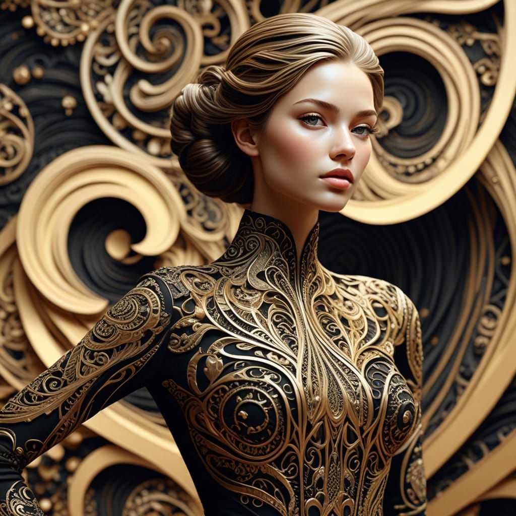 Elegant Woman in Swirling Gold and Black Digital Art