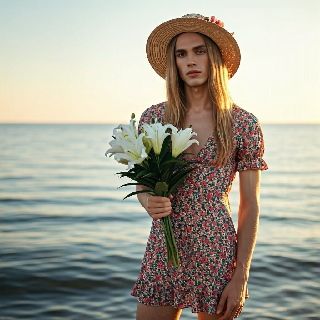 Elegant Androgynous Youth Basks in Golden Hour Glow