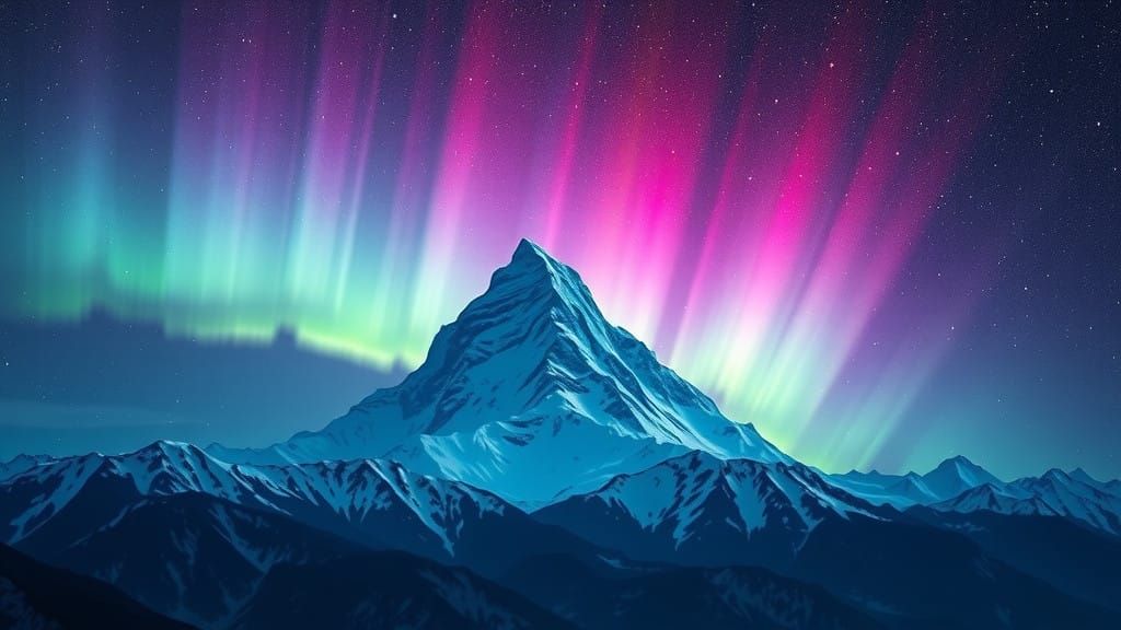 Majestic Snowy Peak Illuminated by Ethereal Aurora