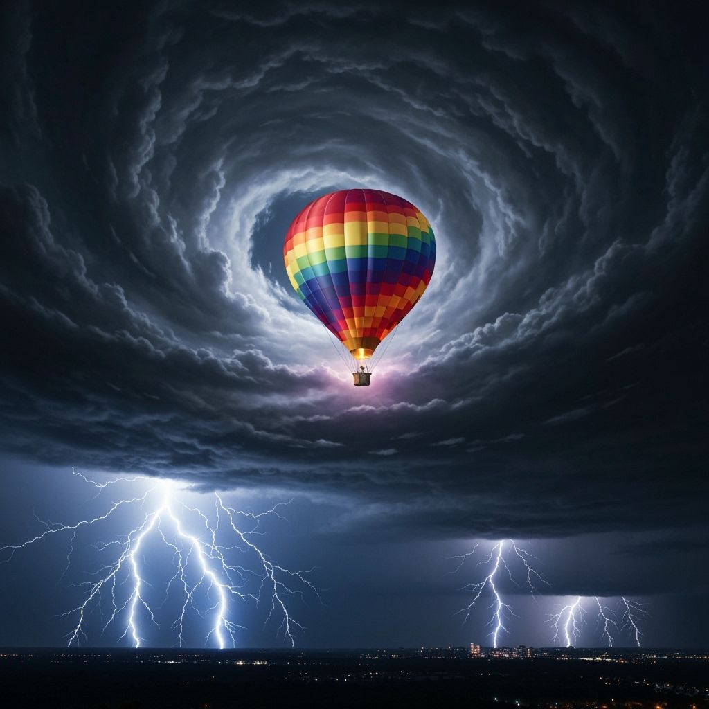 Anime Air Balloon in Hurricane with Lightning