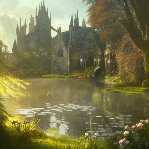 Gothic Faerie Castle with Lush Water Garden in Fantasy Art
