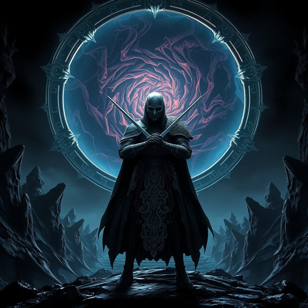 Warden Guarding Ominous Portal in Dark Fantasy Style