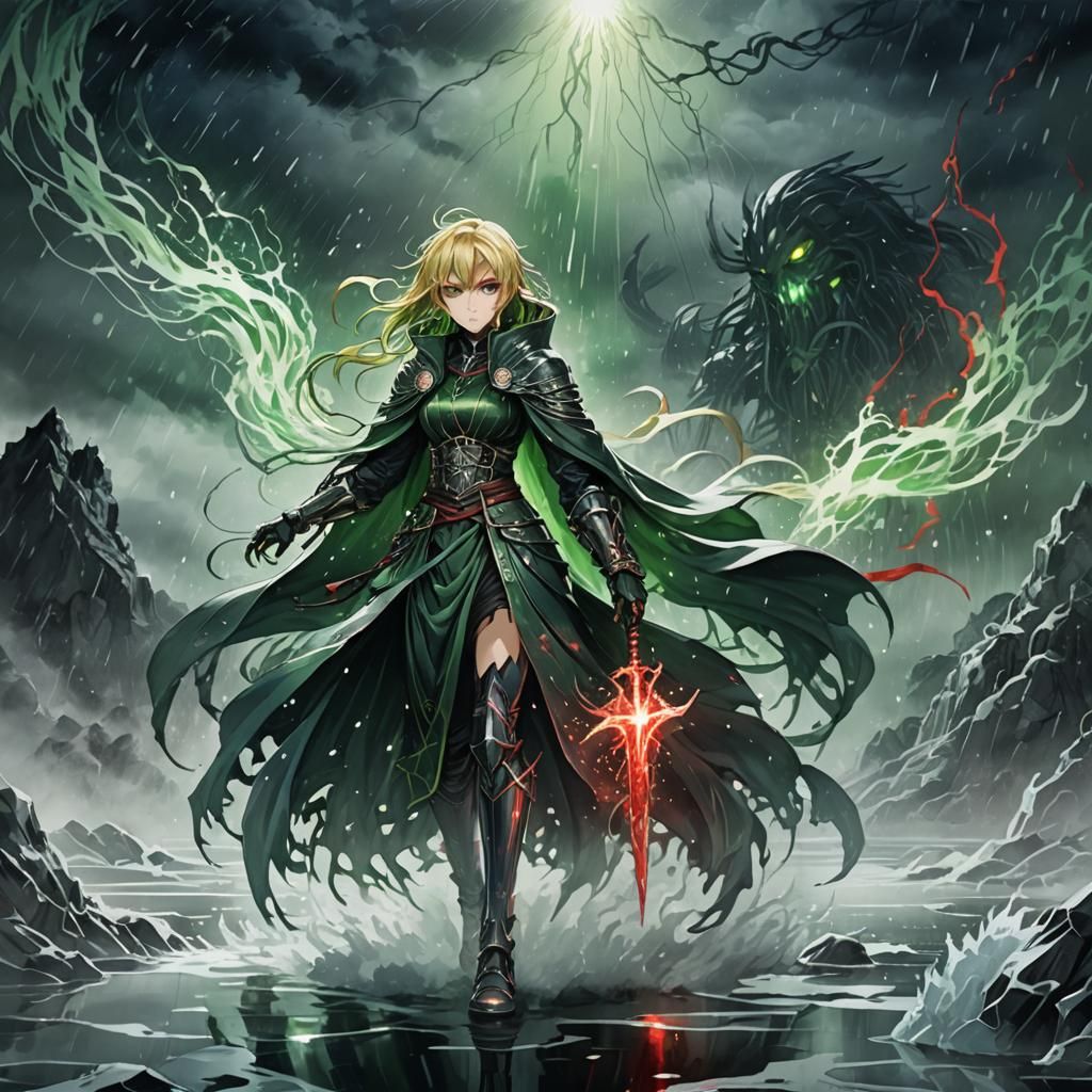 Eldritch Anime Warrior in Dark Fantasy Landscape