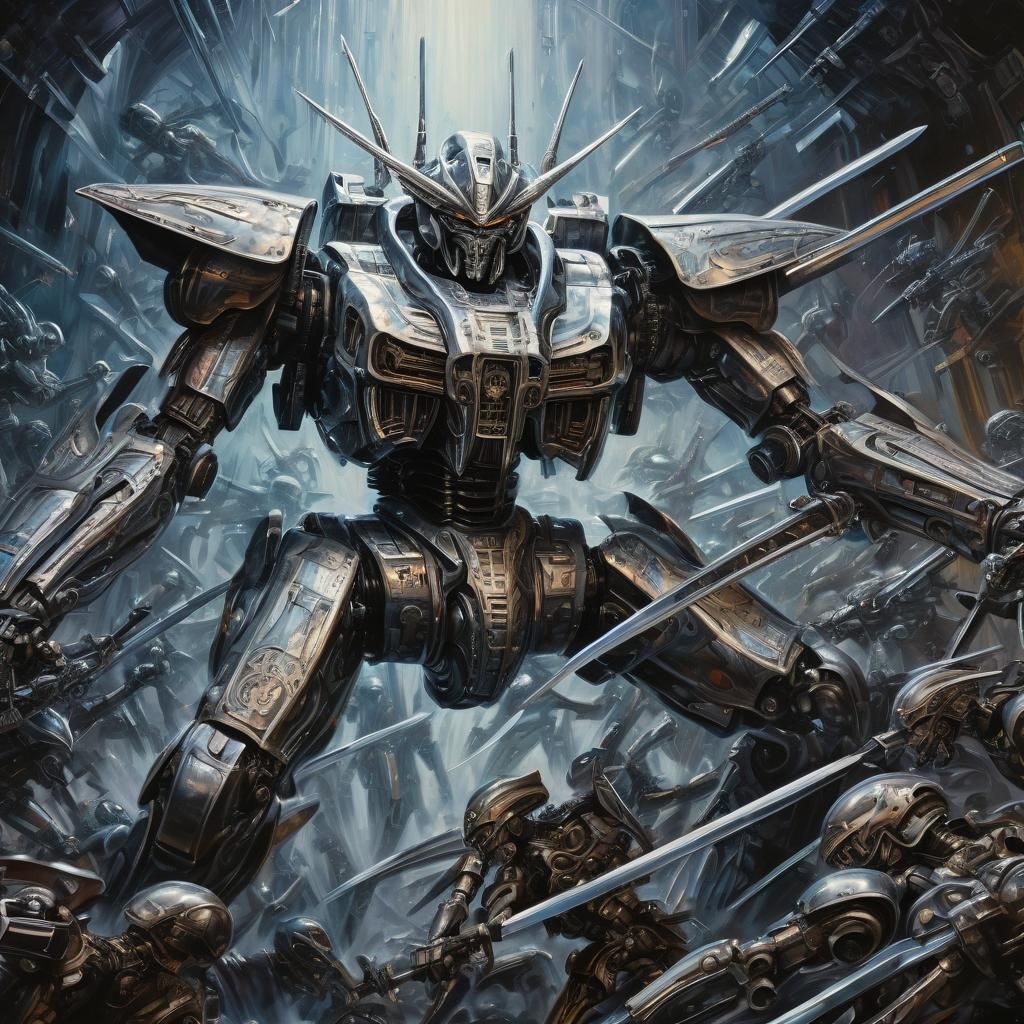 Mecha Sword Fight Painting in Metallic Colors