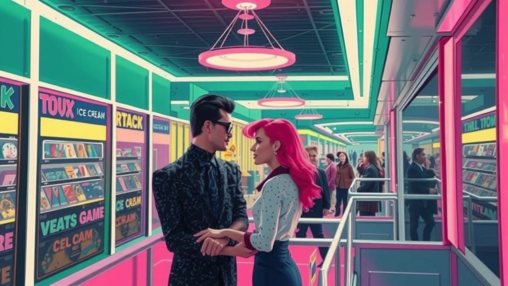 Retro 1980s Mall Scene with Couple in Neon Style