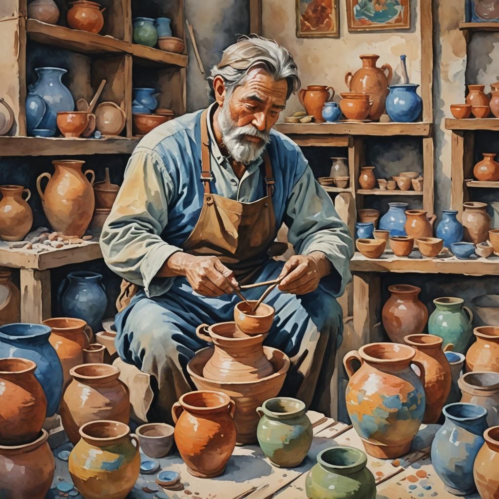 First Pottery Maker in Gouache Watercolor Style