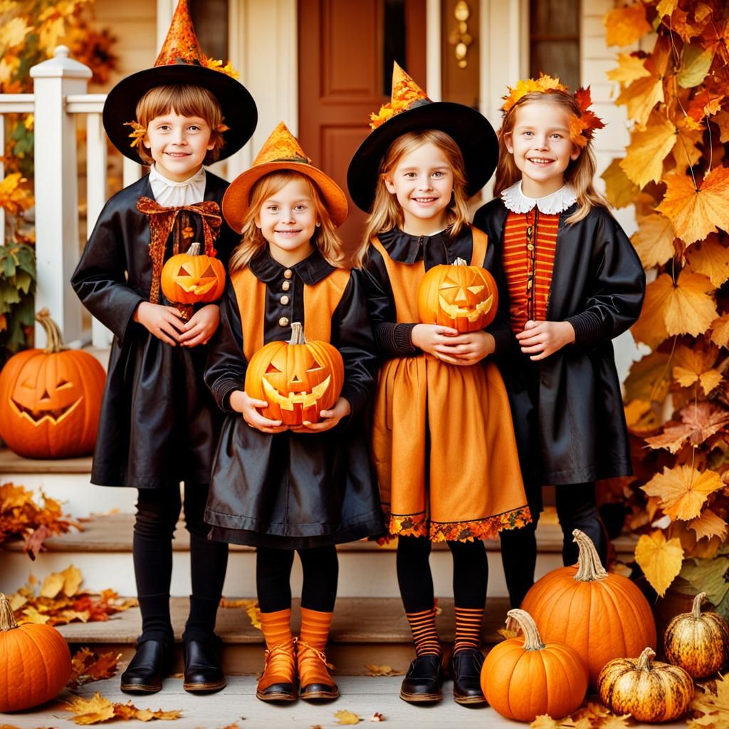 Festive Children in Halloween Costumes: An Oil Painting
