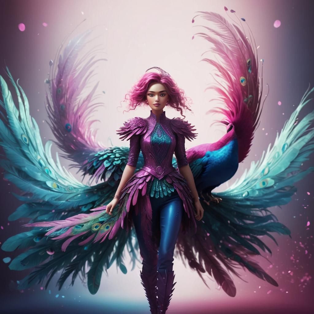 Peacock Feather Woman in Hyper-Realistic 3D Digital Art