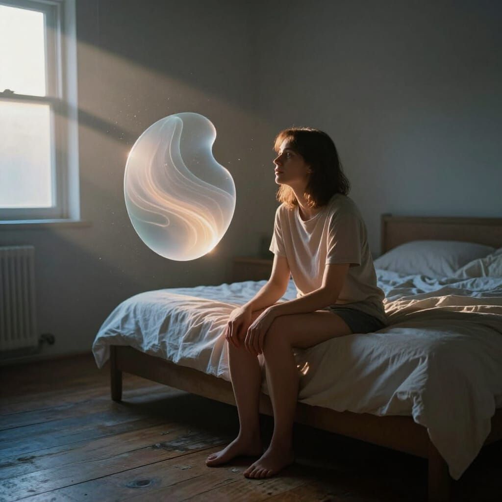Woman Contemplates Light Object in Sunrise Bedroom