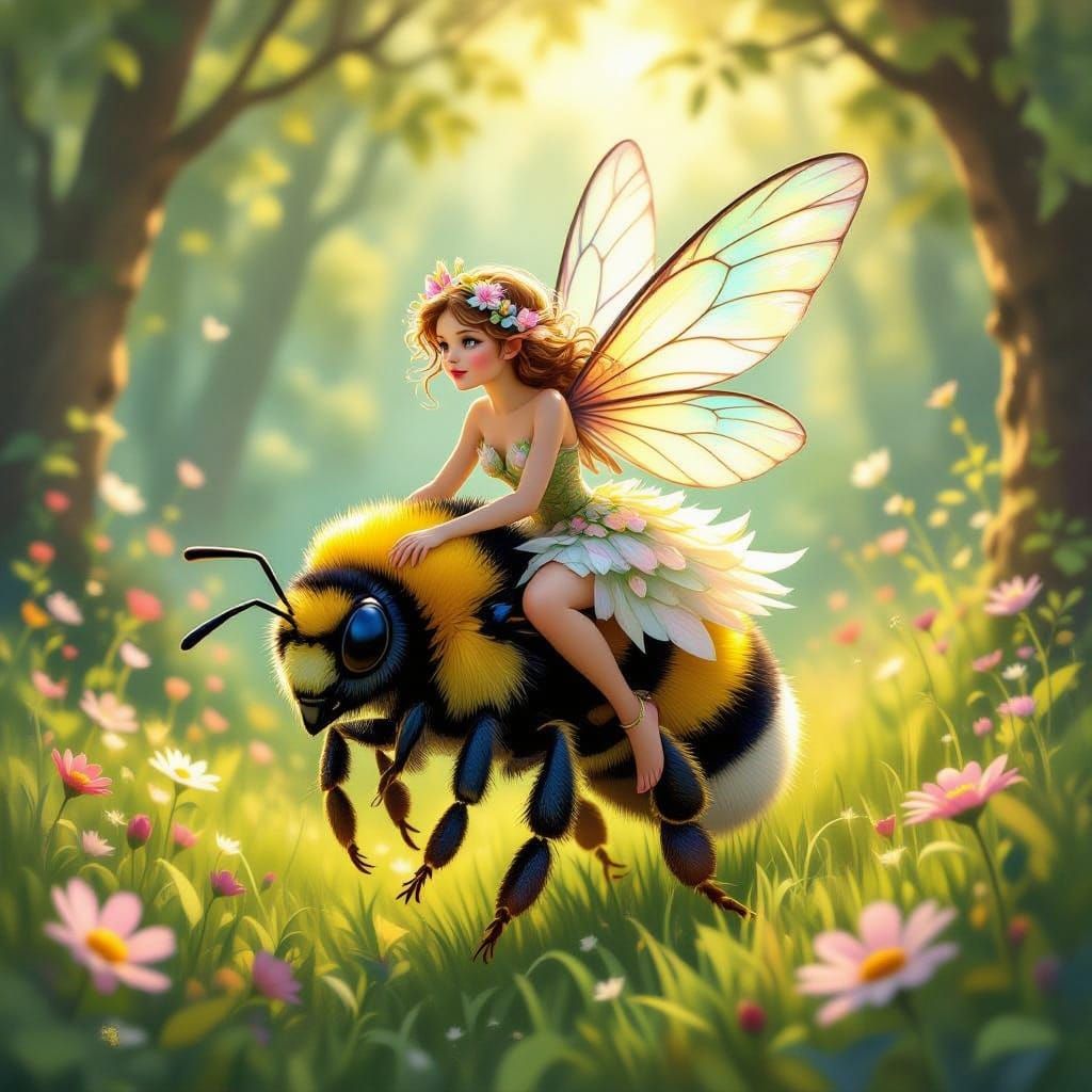Whimsical Fairy Rides Bumblebee Through Sun-Dappled Forest