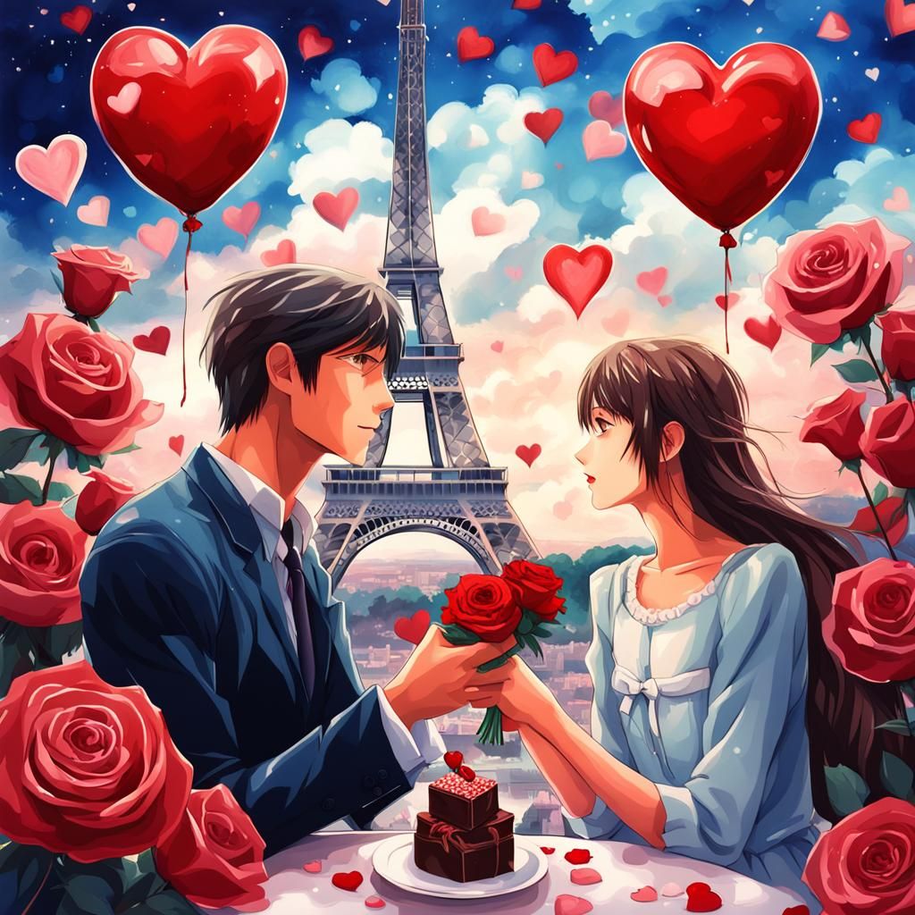 Romantic Anime Couple Share Chocolates Near Eiffel Tower