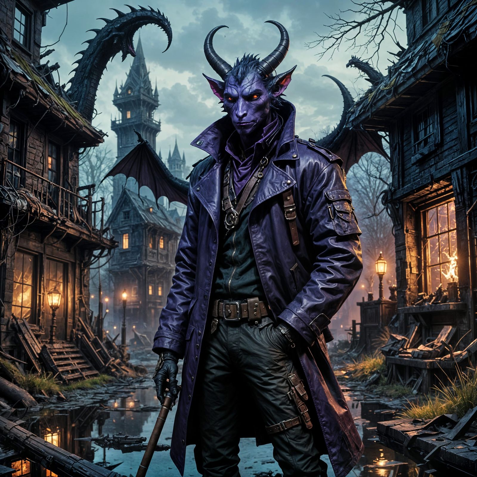 Cyberpunk Tiefling Leans Against Dilapidated Building in Dar...