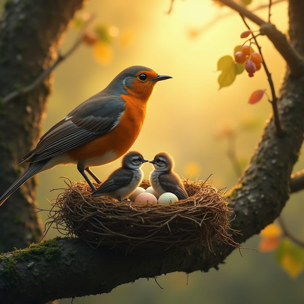 Robin Family in a Magical Sunset Landscape