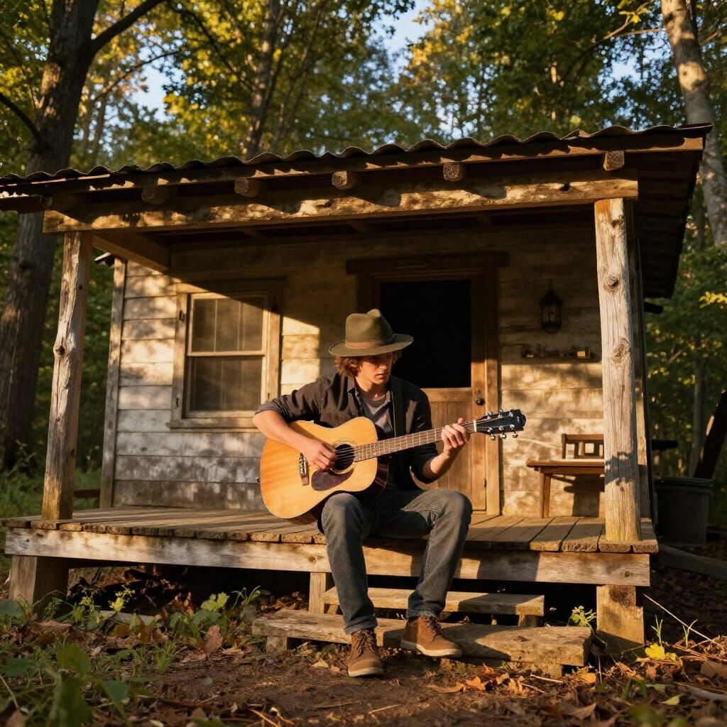 Cool Dude Plays Guitar on Rustic Porch at Golden Hour