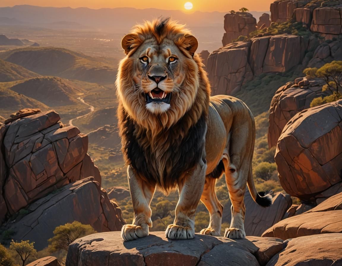 Hyperrealistic Lion with Orange Eyes at Sunrise