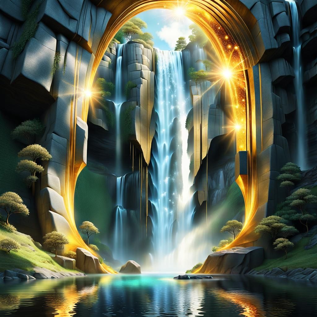 Magical Portal to Distorted Reality With Waterfall