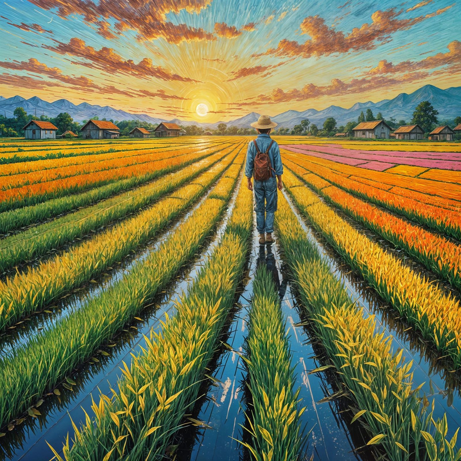 Serene Japanese Rice Field at Sunset in Vibrant Impasto Styl...