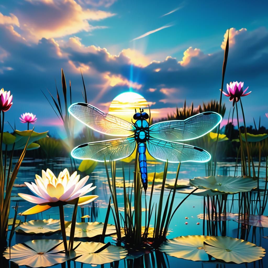 Neon Dragonfly on Crystal Pond: Synthwave Art