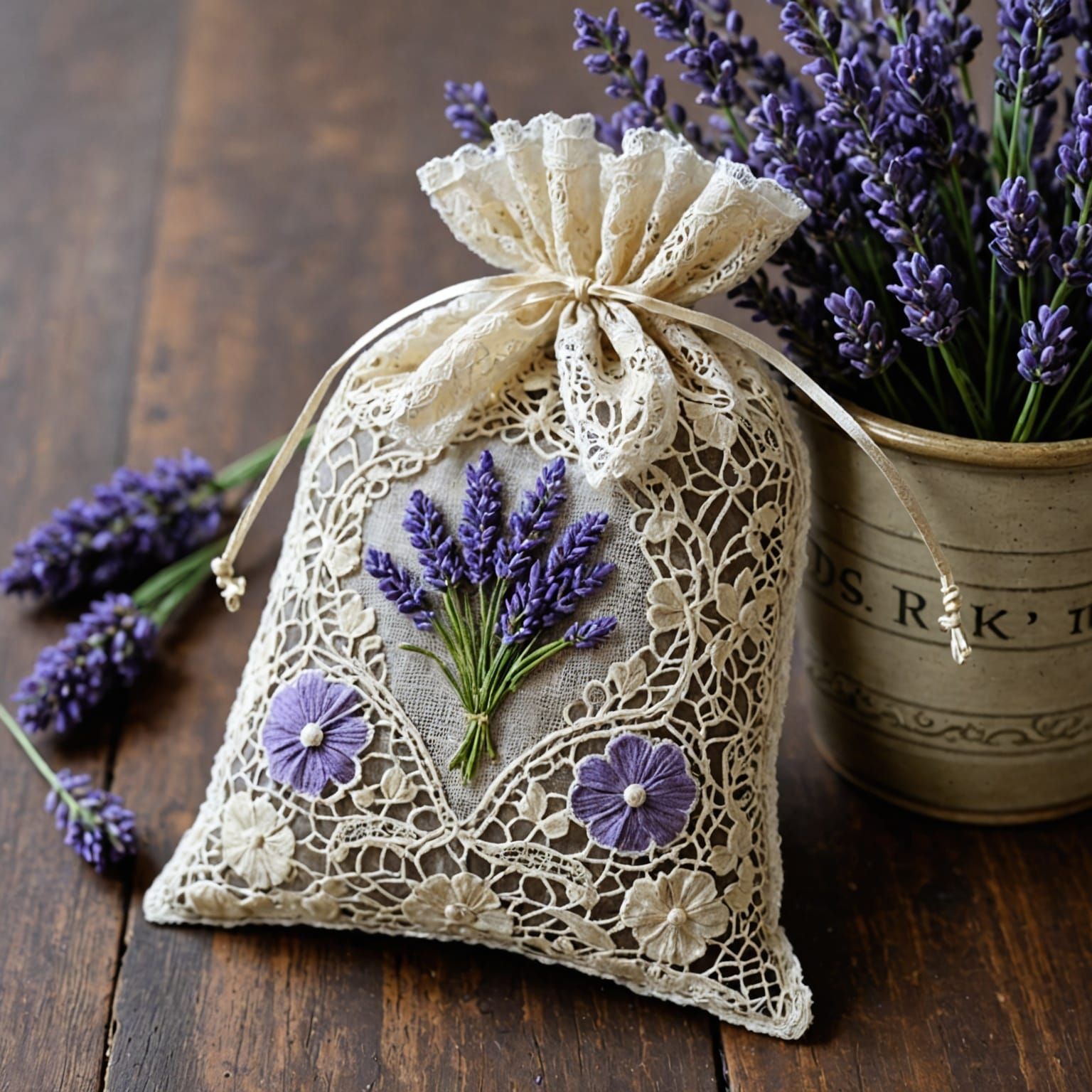 Tea Stained Lavender Sachet in Lace