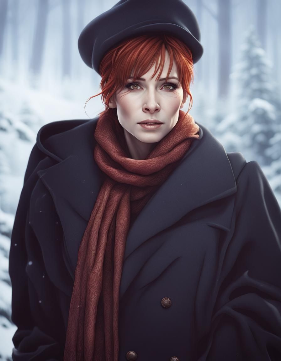 Hyperrealistic Portrait of Mylène Farmer in Winter