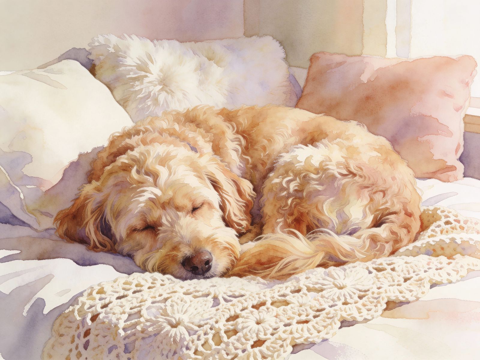Watercolor Painting of a Sleeping Labradoodle on a Bed