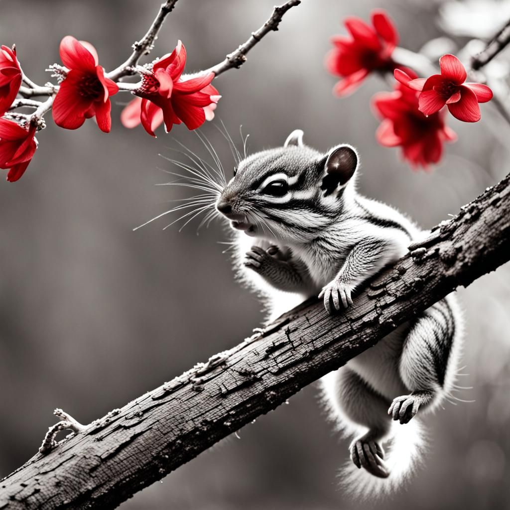 Whimsical Baby Chipmunk Hanging on a Branch