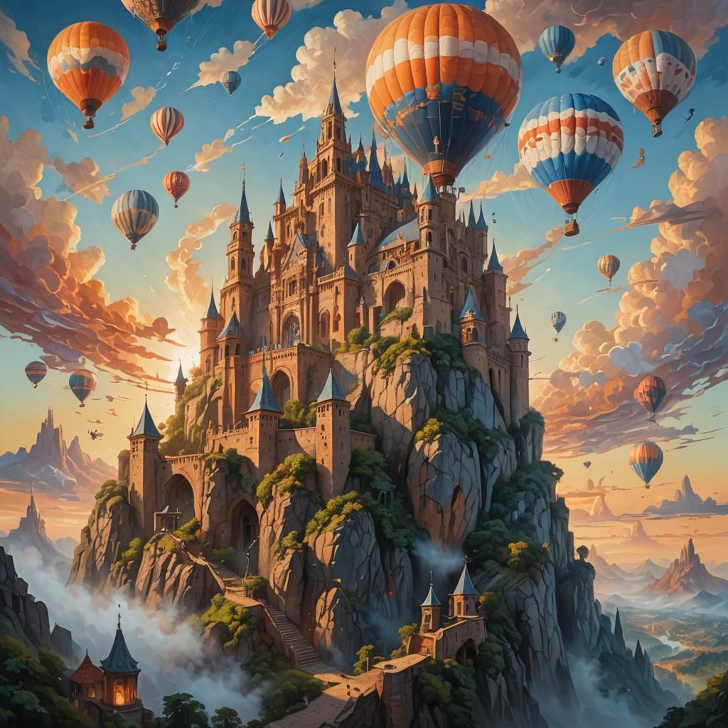 Majestic Citadel in Surrealist Landscape Oil Painting