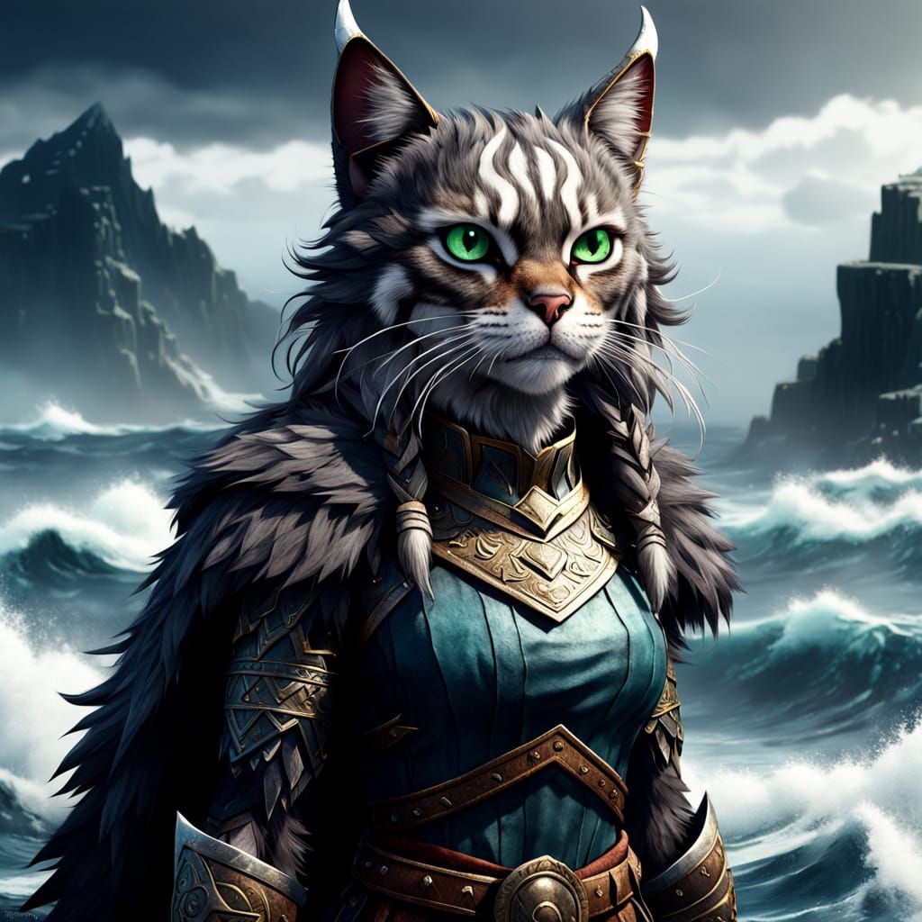 Fierce Viking Cat Queen Portrait in Fantasy Art Style