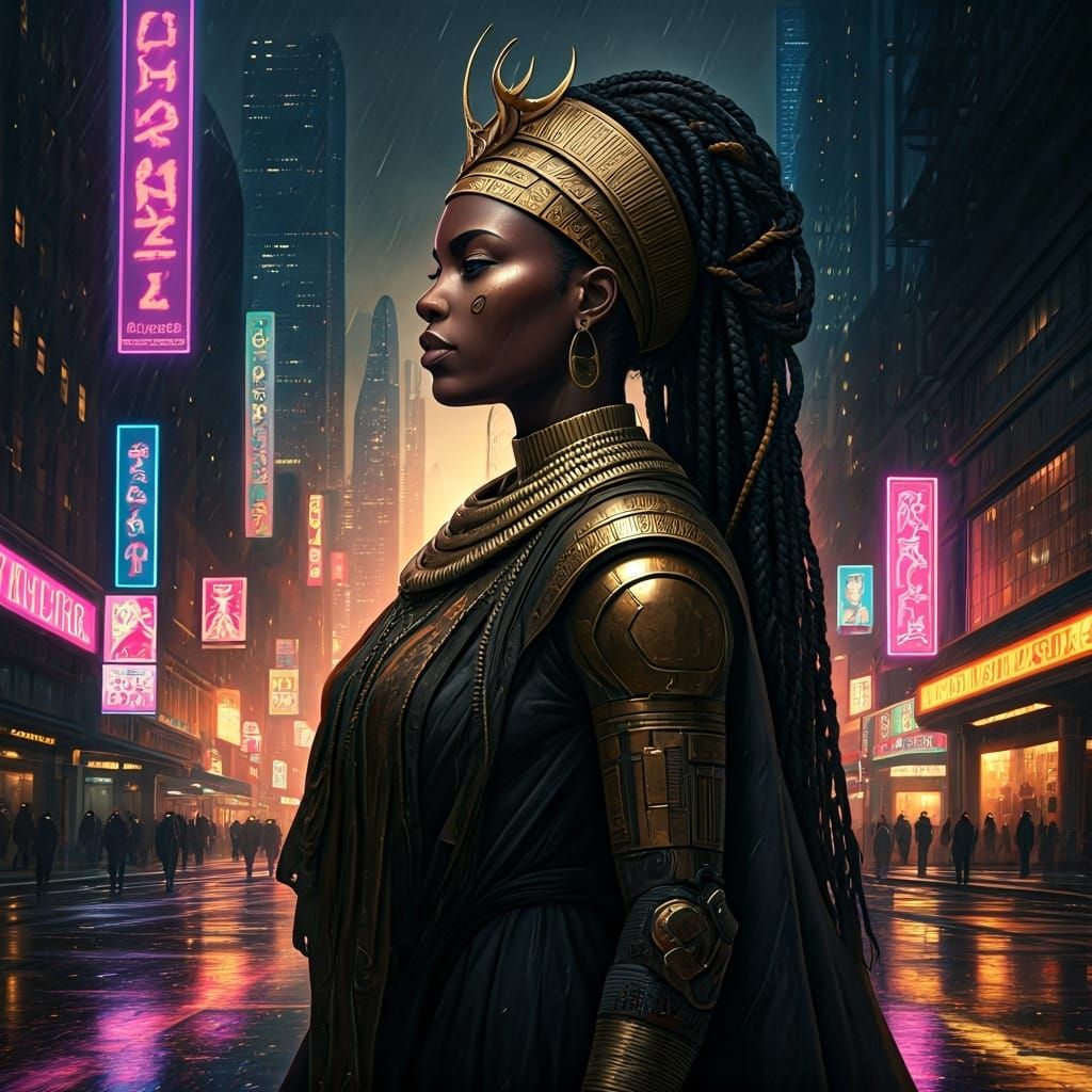 Cyberpunk Queen with Katana in Neon Cityscape