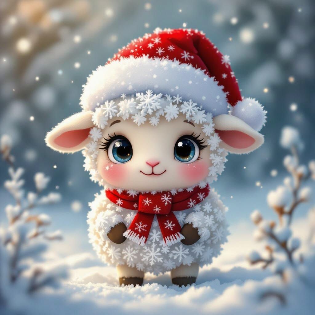 Kawaii Snowflake Ewe in Santa Hat, Holiday Wonder