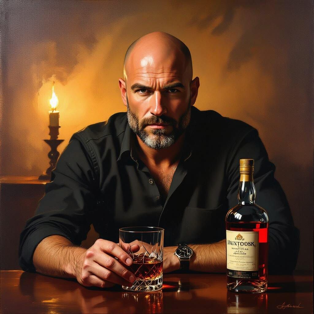 Bald Man Sits with Whisky, Moody Oil Painting Style