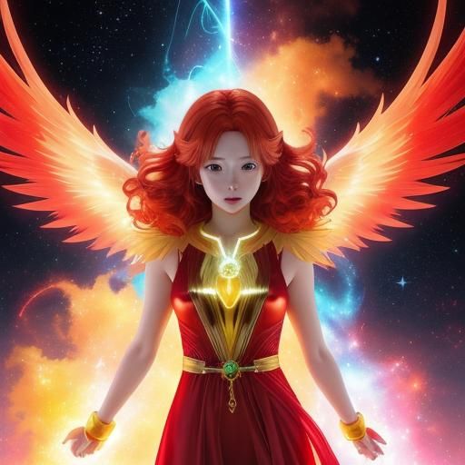 Glowing Red-Haired Angel in Anime Style
