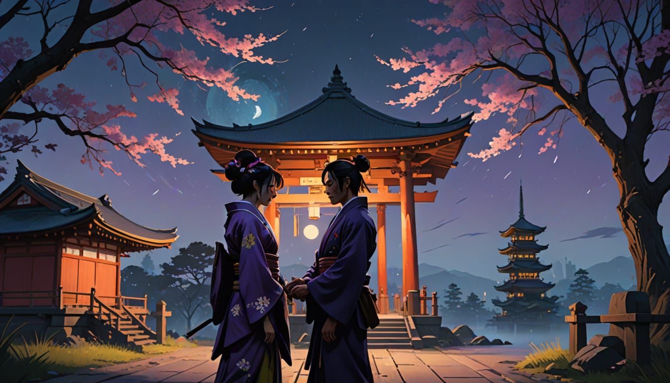 Samurai and Geisha Kiss in Shinkai Style