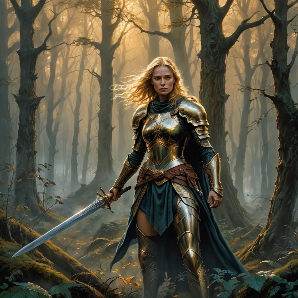 Eowyn in Misty Forest: Fantasy Art