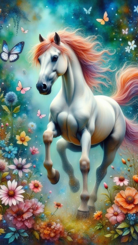 <lora:Whimsical OAI:1.0> Airbrush Painting of colorful magical horses