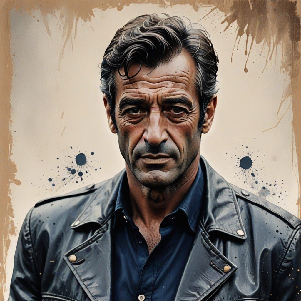 Mature Jean-Paul Belmondo in Ink Illustration Style