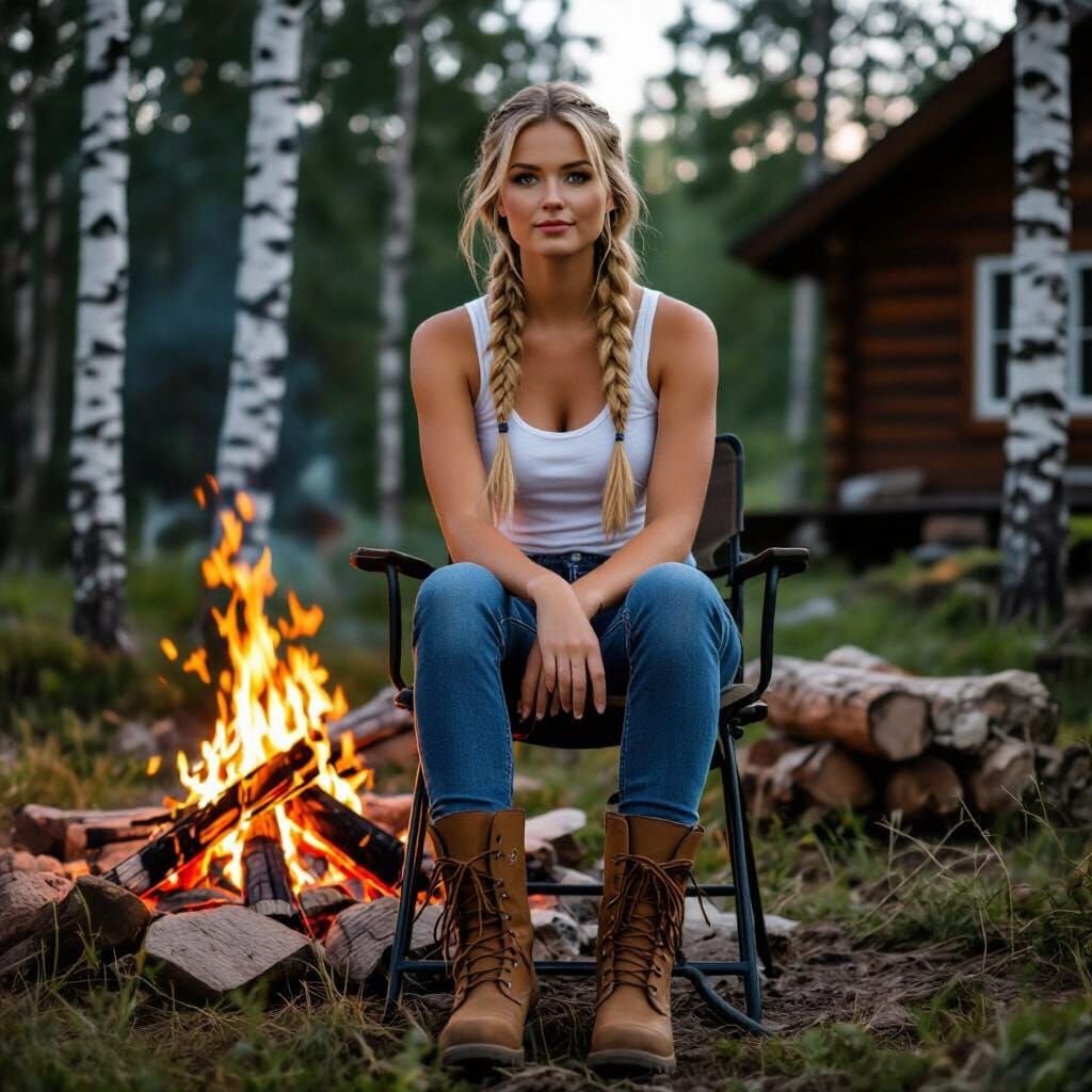 Woman in Work Boots Sits by Bonfire in Sweden