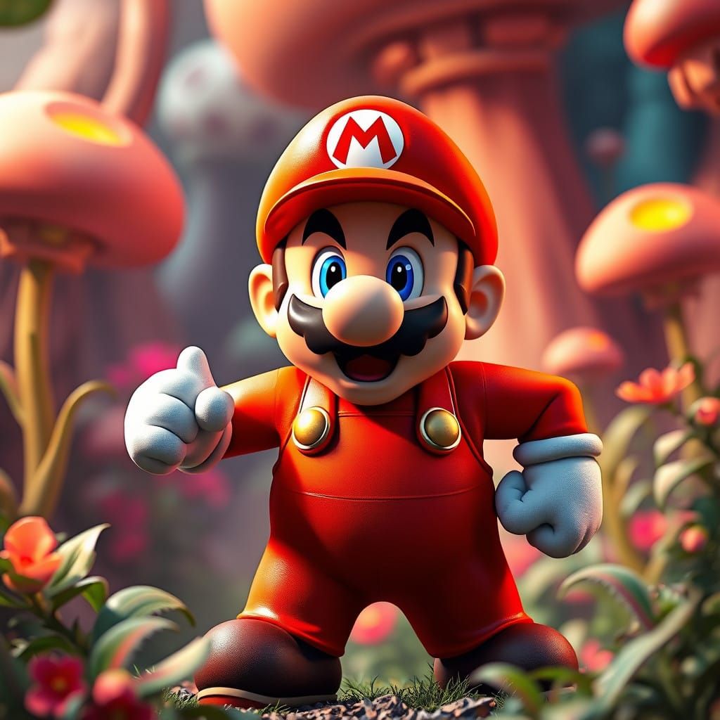 Heroic Mario in Vibrant Orange Costume, Matte Painting Style...