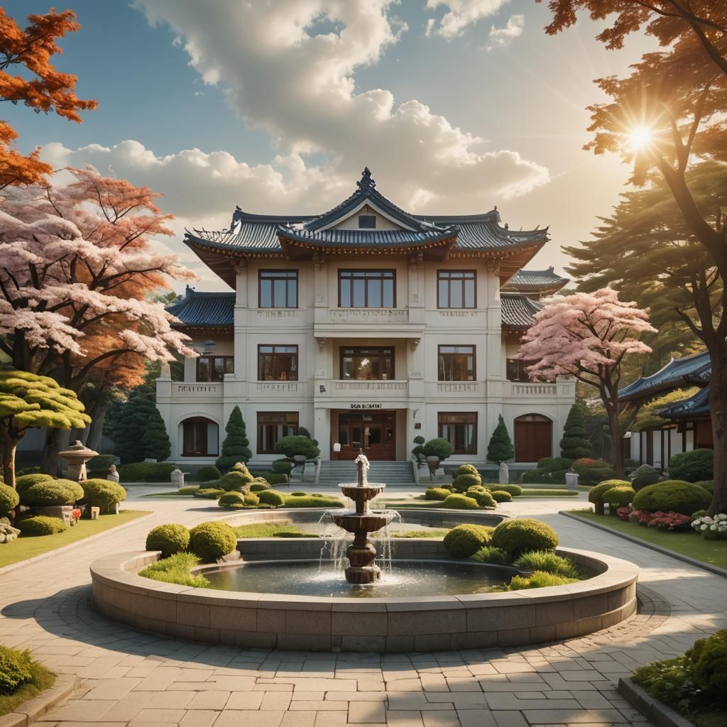 Korean Mansion with Fountain in Bierstadt Style