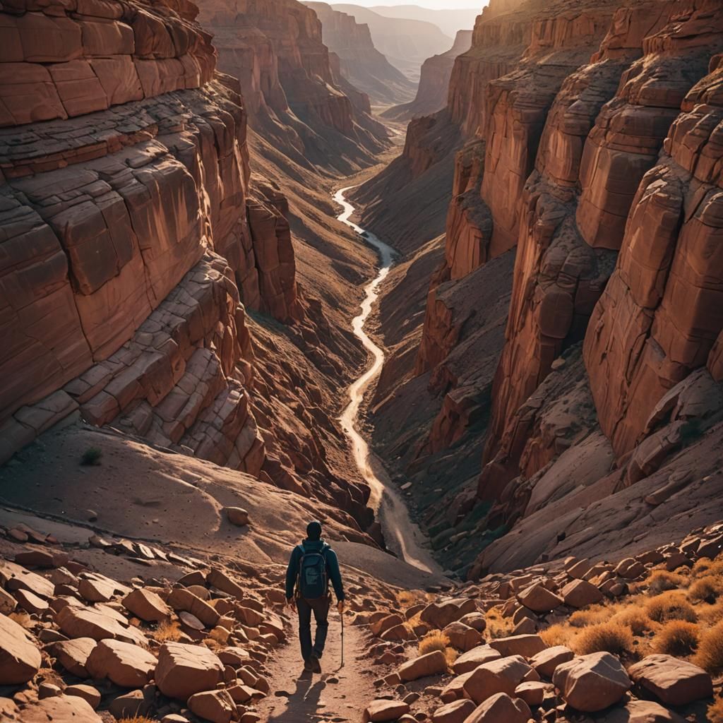 Lone Hiker in Desolate Canyon Landscape