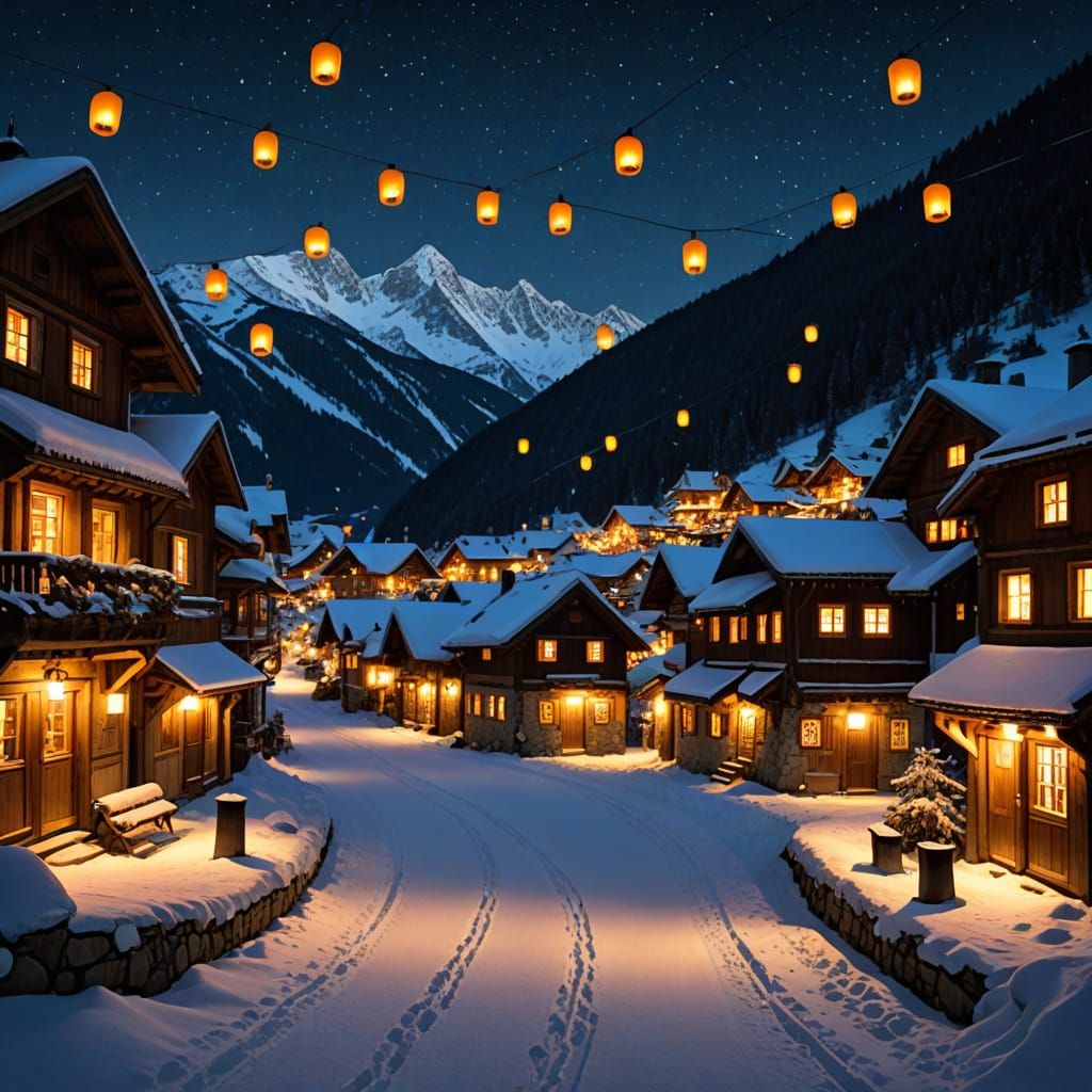 Snowy Alpine Village Aglow with Lanterns at Night