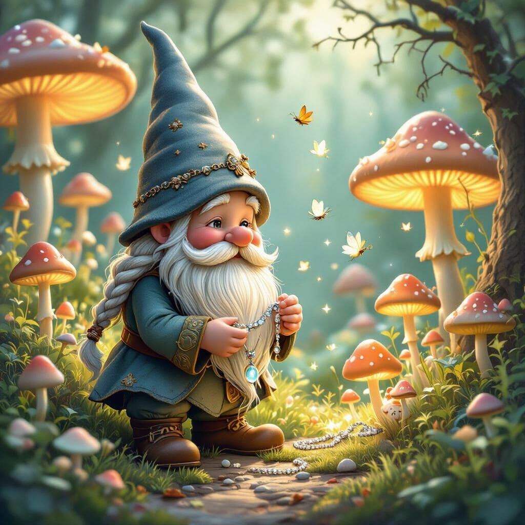 Whimsical Gnome Polishing Moonstone Necklace in Magical Gard...