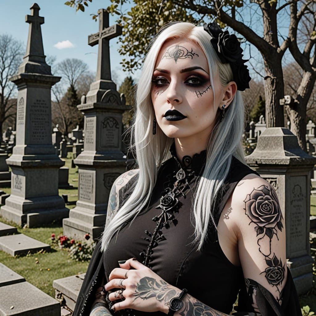 Goth Goddess Basks in Cemetery Radiance